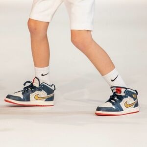 Kids Nike Air Jordan 1 Mid SE Passport Take Flight 3Y Navy Red Gold AJ1